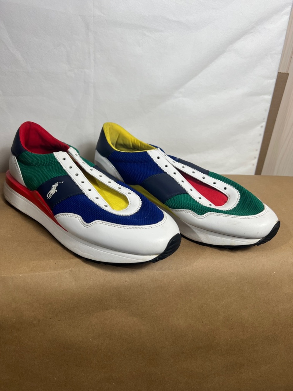Men's Multicolor Athletic Slip-On Sneakers - White/Blue/Green/Red/Yellow - Picture 3 of 7